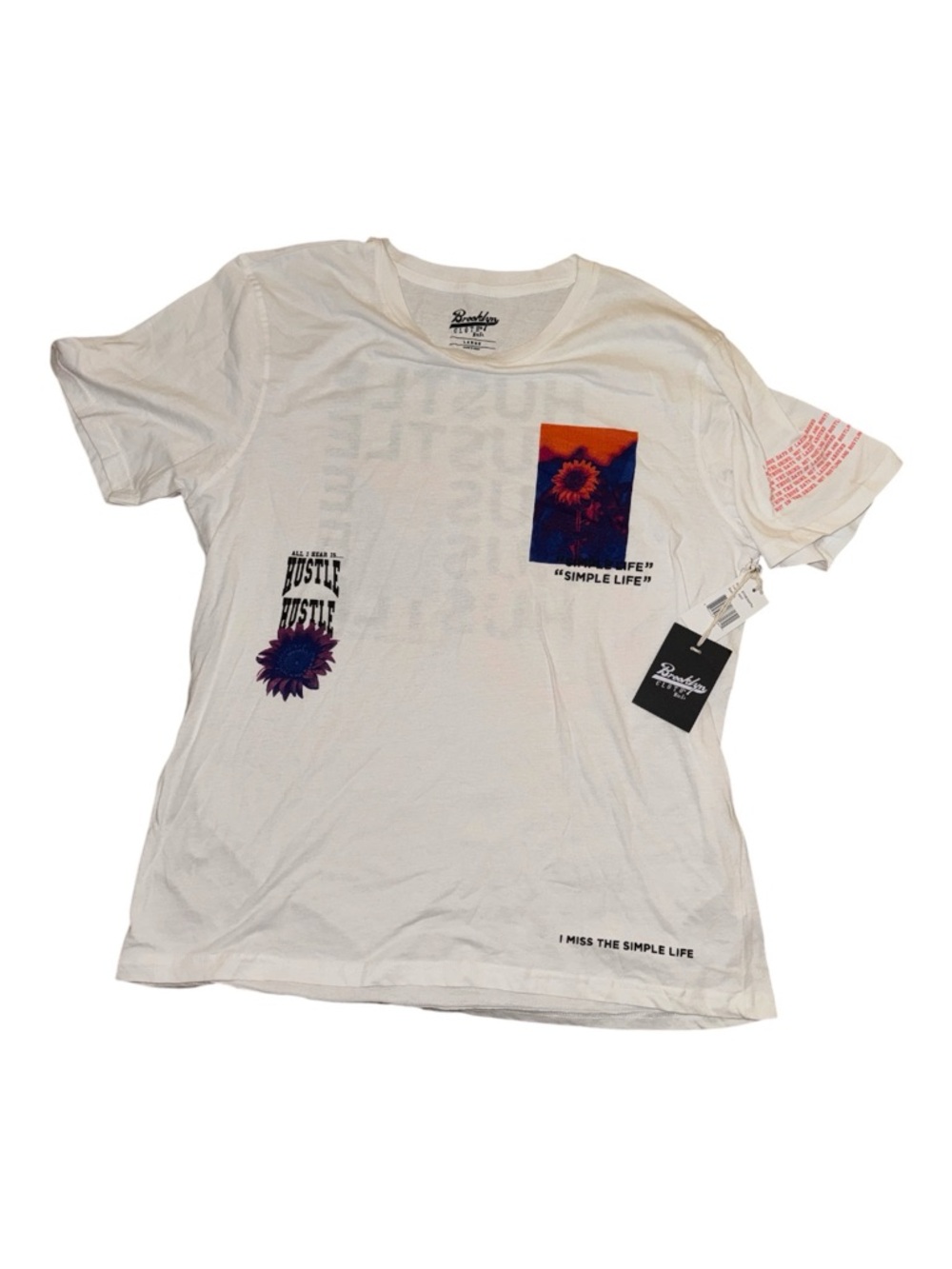 Brooklyn clothing Graphic White Tee with Purple & Orange Sunflower Sz L